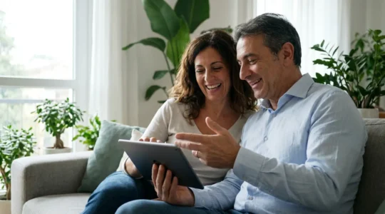 Coppia italiana che consulta valutazione immobiliare online su tablet nel soggiorno