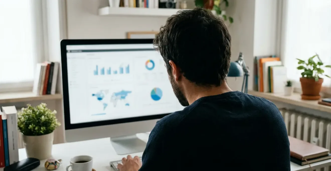 Persona che consulta grafici e dati di valutazione immobiliare su computer