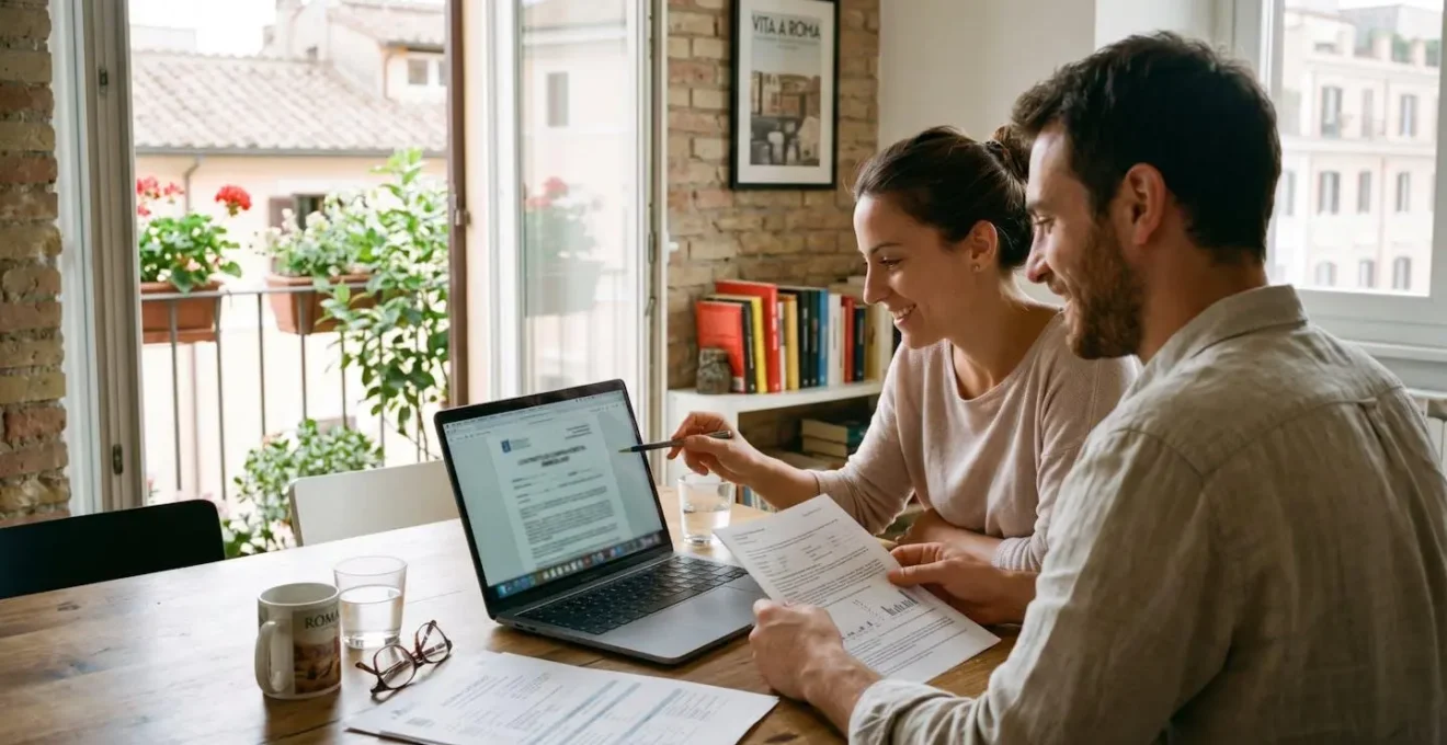 Una coppia di trentacinque anni seduta a un tavolo domestico consulta documenti immobiliari e uno schermo di laptop, inquadratura da dietro la spalla, in un appartamento moderno luminoso