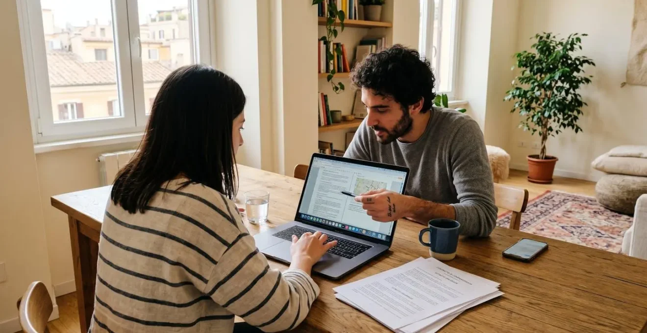 Una coppia di trentacinque anni seduta a un tavolo domestico consulta documenti immobiliari e uno schermo di laptop, inquadratura da dietro la spalla, in un appartamento moderno luminoso