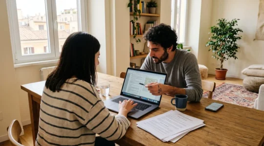 Una coppia di trentacinque anni seduta a un tavolo domestico consulta documenti immobiliari e uno schermo di laptop, inquadratura da dietro la spalla, in un appartamento moderno luminoso