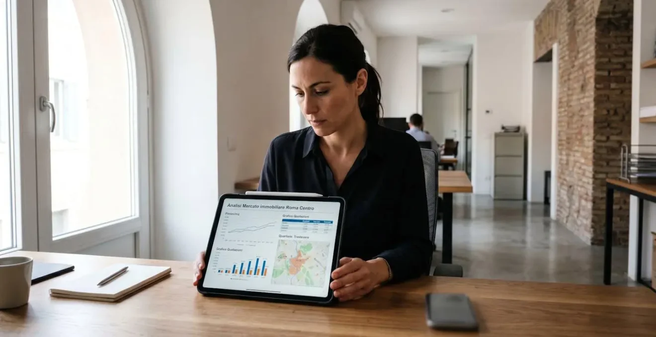 Professionista donna quarantenne seduta a scrivania luminosa esamina schermata tablet con grafici e dati immobiliari, espressione concentrata, ambiente ufficio moderno minimalista