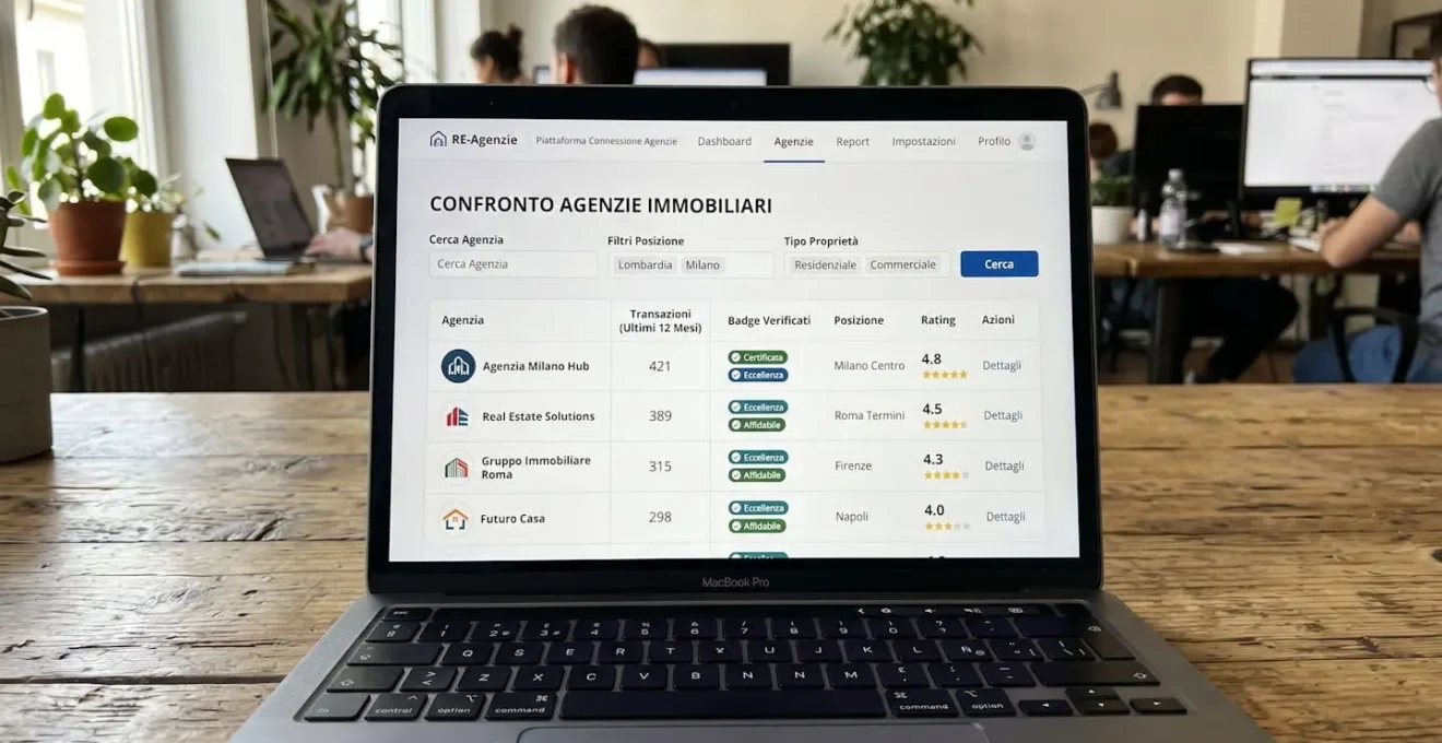 Screenshot di interfaccia web con elenco di agenzie immobiliari romane, colonne dati transazioni, badge verifica, filtri geografici visibili, design pulito e professionale
