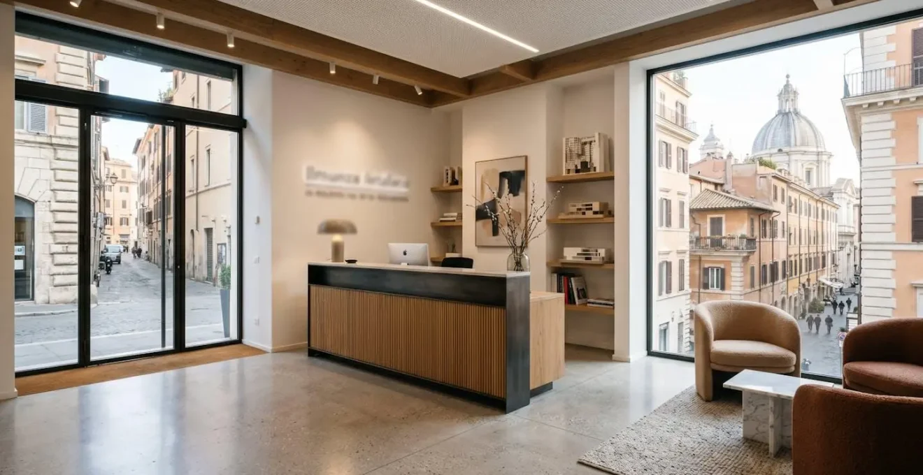 Inquadratura grandangolare di un ufficio di agenzia immobiliare italiana contemporanea con reception vuota, computer, ampia vetrata che mostra una strada romana sfocata, design pulito e luminoso